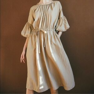 Deveaux New York Riley Beige Midi Dress Puff Sleeve Ruched Drawstring Waist L